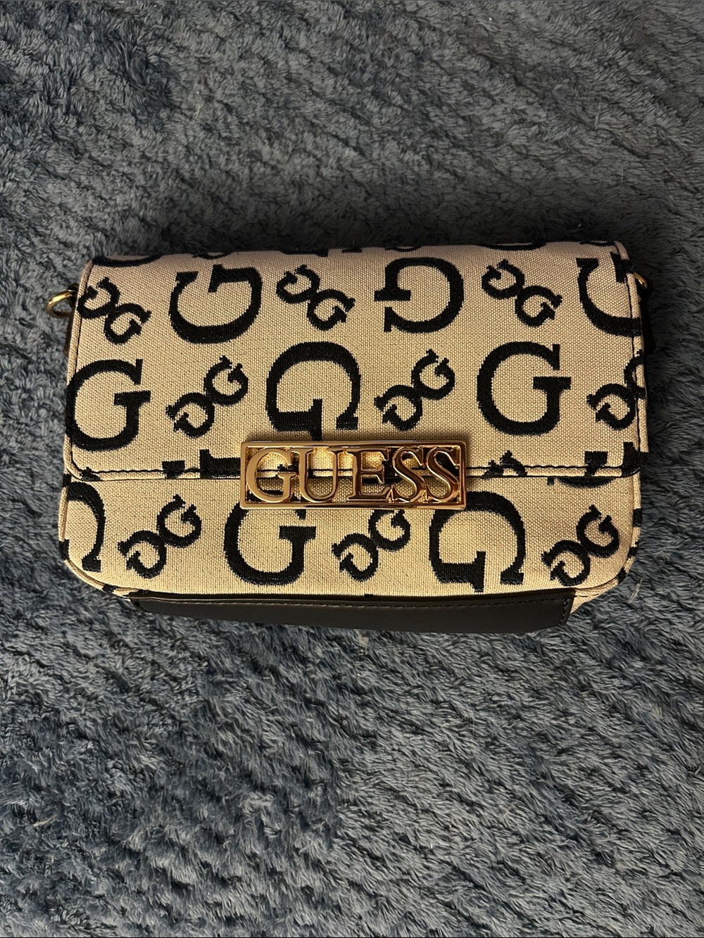 GUESS Beige and Black Logo Flap Crossbody with Gold Plaque